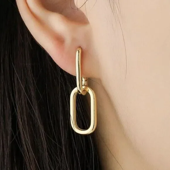 ⭐️NEW⭐️925 Sterling Silver Gold Plated Double Chain Link Earrings Minimalist - Picture 3 of 4